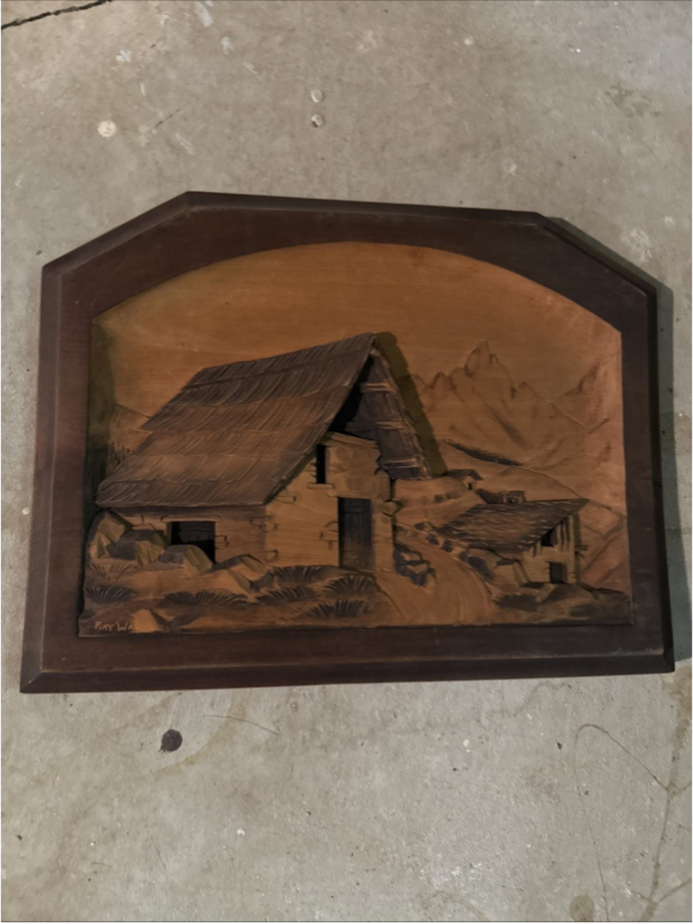Vintage Wood Carved Landscape Cottage/Trees/Mountain Wall Hanging Art Plaque